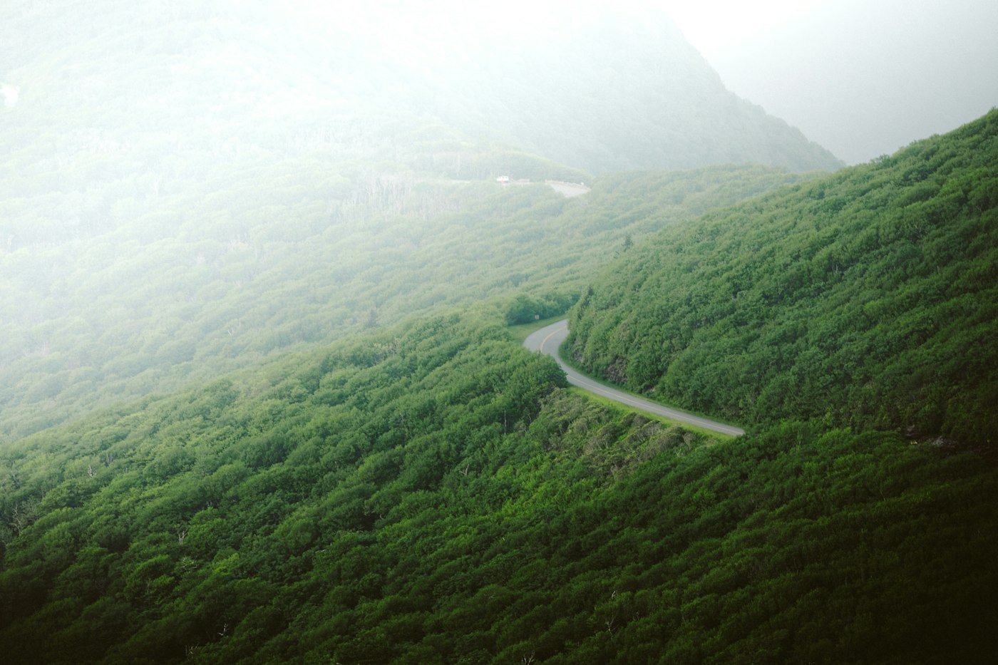 Winding road of the Blue Ridge Parkway through green mountains near Asheville, North Carolina