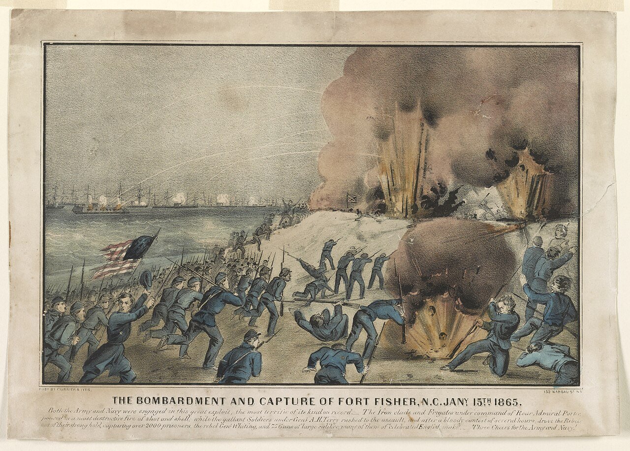 Currier and Ives print of Union troops storming Fort Fisher, January 15, 1865